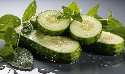 Wall Mural - Fresh Cucumber Slices With Water Droplets and Leaves