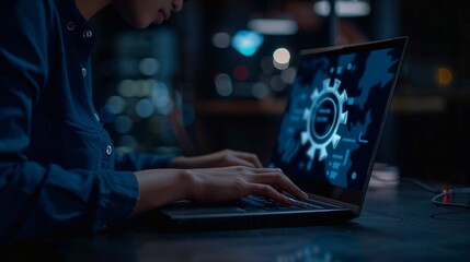 Person in Blue Shirt Typing on Laptop with Floating Screens, Laptop, blue shirt, technology