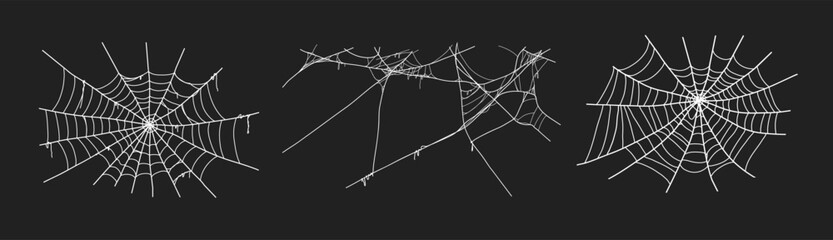 Spooky halloween old spider web with various sizes and shapes. Old cobweb set vector illustration for dark gothic decoration for holidays. Corner spider net insect thread cobweb scary frames.