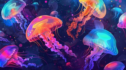 Glowing colorful jellyfishes on dark background