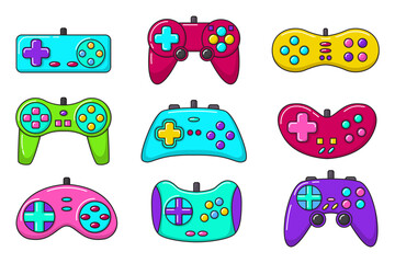 Wall Mural - Vector game controller gamepad icons set. Multicolored joysticks elements flat style isolated on white background. Retro gamer device collection. 