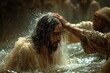 A man is seen standing in a pond with his hands on his head, participating in a baptism ceremony performed by Jesus.