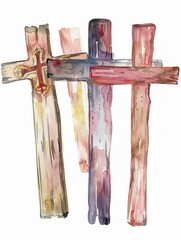 Sticker - Watercolor Illustration of Easter Catholic Wooden Crosses on White Background Generative AI