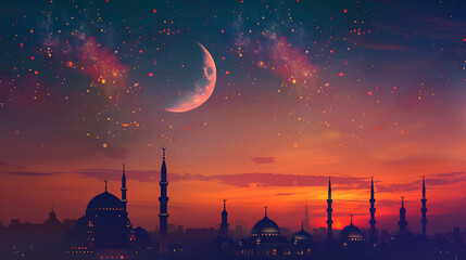 Wall Mural - Crescent moon and mosque silhouettes panorama on ornamental Ramadan Kareem ideal for festive background with copy space Islamic design greeting card, Eid Mubarak, Eid Al-Fitr celebration concept