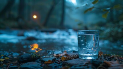 Poster - A glass of a cup filled with water sitting on the ground next to some rocks, AI