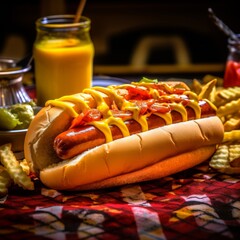 Wall Mural - A delicious hot dog with ketchup and mustard.