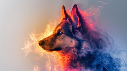 Sticker - A dog is shown in a colorful image with flames, AI