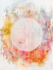 Sticker - Christian Cross Inspiration on Watercolor Circle Generative AI