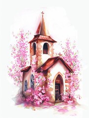 Sticker - Pink Flower-Adorned Church Watercolor Illustration Generative AI