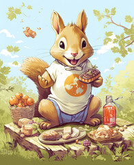 Wall Mural - Caricature of a squirrel having a picnic in the forest.