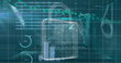 © vectorfusionart - Image of financial data and graphs over digital padlock in green space