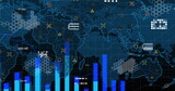 Fototapeta Mapy - Image of graphs over world map and icons in navy digital space