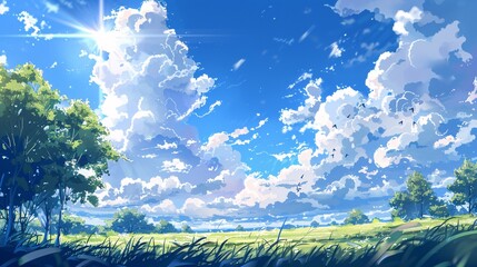 A Dreamy Pastoral Scene with a Blue Sky and White Clouds Generative AI
