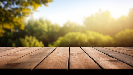 Canvas Print - Wooden table on blurred nature background.