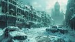 Abandoned vehicles and buildings covered in snow in a silent, icy cityscape