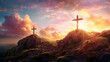 © ALL YOU NEED studio - cross on a hill with a sunset, easter background with copy space for text