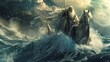 Prophet Noah on horseback aboard vast ship amid enthusiastic seas.