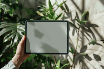 hands holding tablet with blank screen for mockup , green plants in the background. ai generated