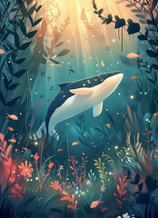 Wall Mural - illustration Whale swim in the deep blue sea amidst other marine life