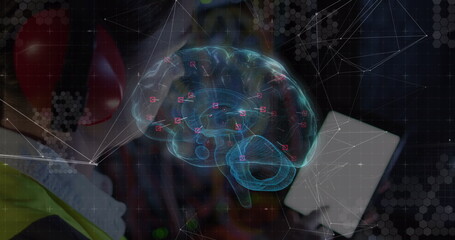 Poster - Image of connections and digital brain over caucasian woman in server room