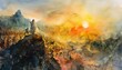 Sunset Overlook A Fantasy Artwork of a Man Standing on a Mountain with a Horde of People Generative AI