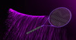 Image of tennis racket moving and purple trails on black background