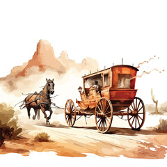  Antique stagecoach traveling along a dusty desert road