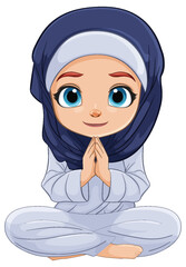 Canvas Print - Cartoon of a girl praying in traditional hijab