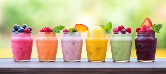 Wall Mural - Fresh fruit smoothies on blurry background