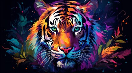 Canvas Print - Portrait of tiger. Bright multicolored illustration. Neon tiger on a dark background. Colorful animal face