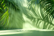 3D rendered green backdrop with illuminated palm leaf shadow 