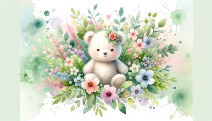 Wall Mural - Watercolor painting of a Cute Bear and Flowers