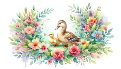 Wall Mural - Watercolor painting of a Duck Mom and Little Baby and Flowers