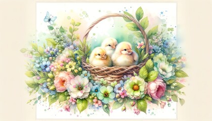 Wall Mural - Watercolor painting of Little Chicks in a basket 