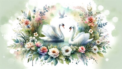 Wall Mural - Watercolor painting of Two Swans and Flowers