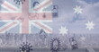 Image of corona virus icons and australia flag over cityscape