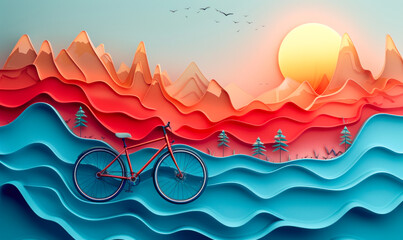 Wall Mural - Surreal digital artwork of a stylized bicycle integrated into a vibrant, flowing landscape with mountains, trees, and a setting sun, evoking a sense of motion