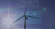 Image of statistics and data processing over wind turbine and engineer on blue background