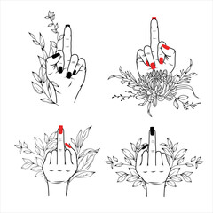 Set of women hands with middle finger up, decorated by greenery branches, female hands with red and black polish isolated vector Illustration