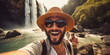 © carlesmiro - Handsome male tourist visiting national park taking selfie picture in front of waterfall - Traveling lifestyle concept with happy bearded man wearing hat and sunglasses enjoying freedom in the nature.