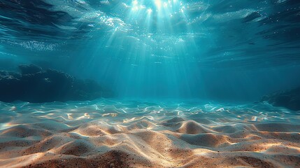 Wall Mural - Seabed sand with blue tropical ocean above, empty underwater background with the summer sun shining brightly, creating ripples in the calm sea water