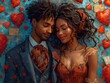 A painting featuring an African American man and woman in a loving embrace, celebrating their love on Valentines Day.