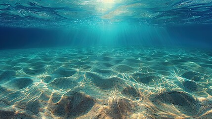 Wall Mural - Seabed sand with blue tropical ocean above, empty underwater background with the summer sun shining brightly, creating ripples in the calm sea water