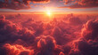 Beautiful sunset above clouds with rays of light. 3d render