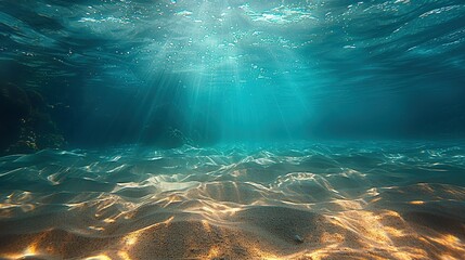 Wall Mural - Seabed sand with blue tropical ocean above, empty underwater background with the summer sun shining brightly, creating ripples in the calm sea water