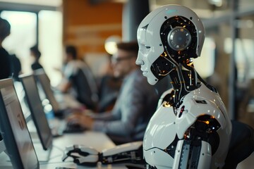 The robot works at a computer among people. The machine is typing on the keyboard in the office. IT team of the future. Futuristic worker. Support work