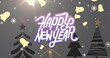 Image of happy new year text with bells and snowflakes falling over trees