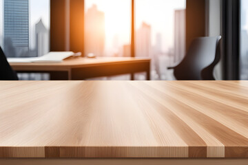 Wall Mural - wooden table with blurred office scene