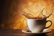 cup of coffee with splash on wooden table