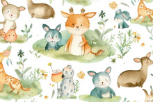 Illustration Watercolor Baby Nursery Seamless Pattern Background Children Animals Tile Green Rhyme